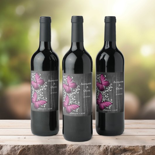 Magenta Rustic Butterfly Wine Label Wijn Etiket