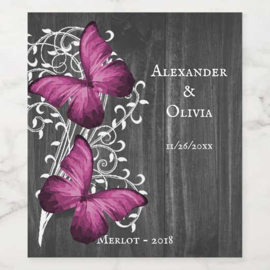 Magenta Rustic Butterfly Wine Label Wijn Etiket (Enkel label)