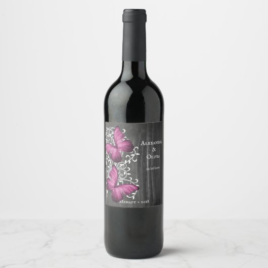 Magenta Rustic Butterfly Wine Label Wijn Etiket (Voorkant)