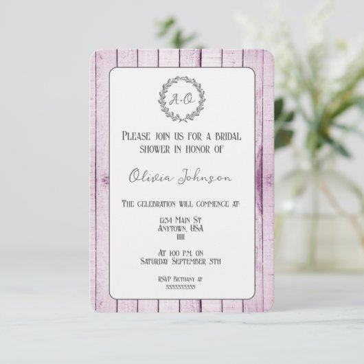 Magenta Rustic Monogram Bridal Shower Kaart (Staand voorkant)
