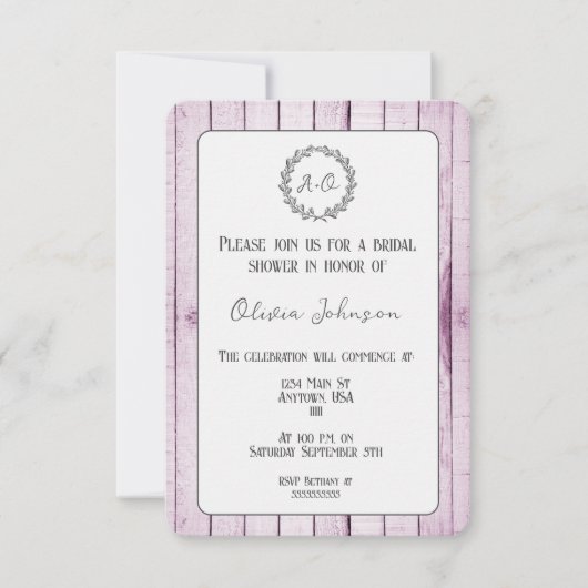 Magenta Rustic Monogram Bridal Shower Kaart (Voorkant)