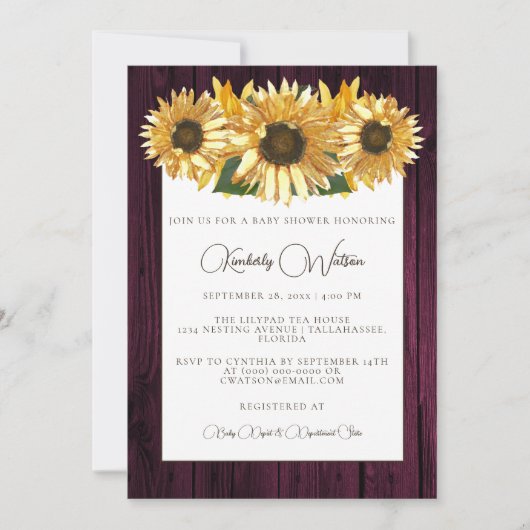 Magenta Rustic Sunflower Baby shower Uitnodiging (Voorkant)