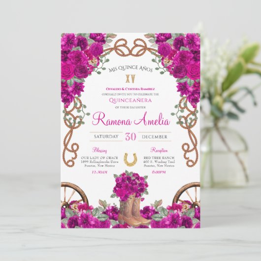 Magenta rustieke Westerne Charro Cowboy laarzen Qu Kaart (Staand voorkant)