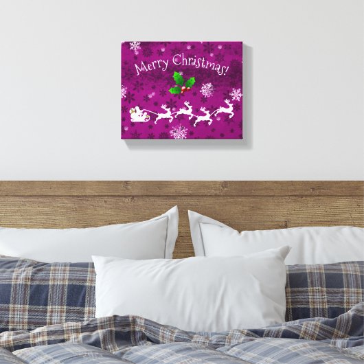 Magenta Santa's Sleigh and Reindeer Canvas afdrukk Afdruk (Insitu (Slaapkamer))