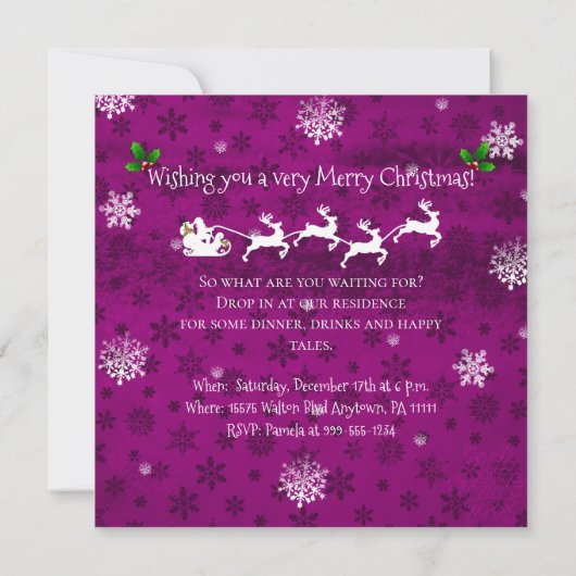 Magenta Santa's Sleigh and Reindeer Invitation Kaart (Achterkant)