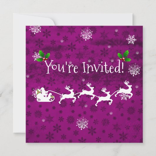 Magenta Santa's Sleigh and Reindeer Invitation Kaart (Voorkant)