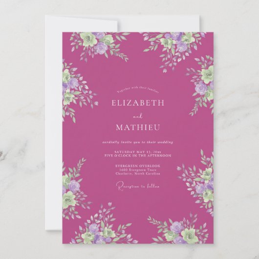 Magenta Serene Bloemige Bruiloft Kaart (Voorkant)