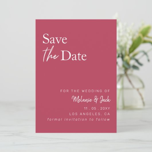 Magenta Simple Calligraphy Photo Save the Date (Staand voorkant)