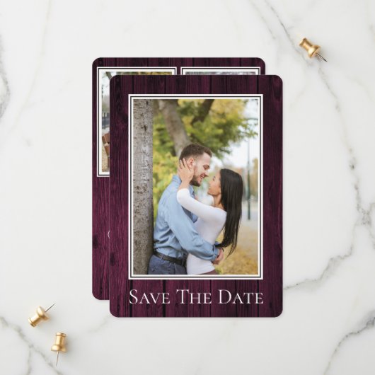 Magenta Simple Rustic Photo Save the Date (Voorkant / Achterkant in situ)