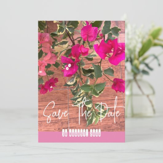 magenta sinaasappel bougainvillea of papierbloem save the date (Staand voorkant)
