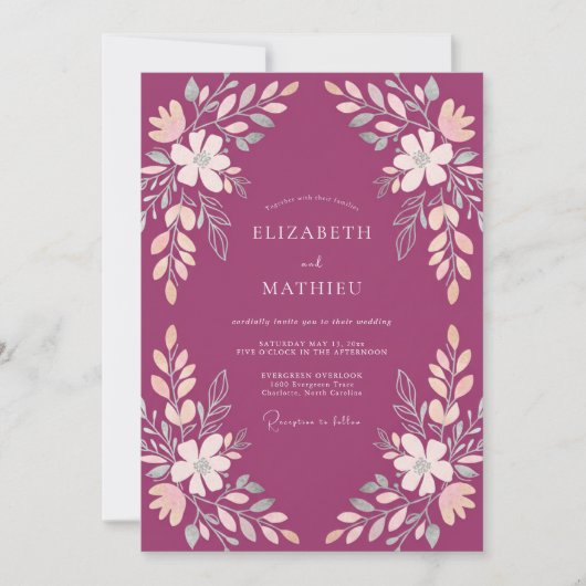 Magenta Soft Botanische Romantische Bruiloft Kaart (Voorkant)