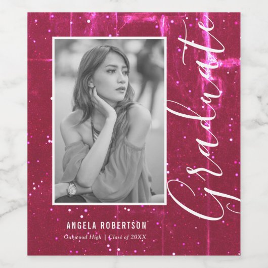 Magenta Space Glitter Photo Afstuderen Wijn Etiket (Enkel label)
