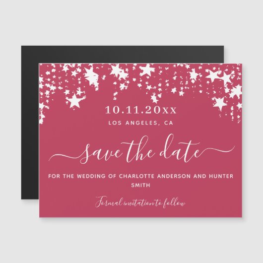 Magenta sterren bruiloft met de datum magnetkaart magnetische uitnodiging (Voorkant / Achterkant)