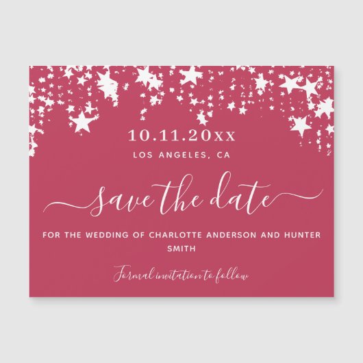 Magenta sterren bruiloft met de datum magnetkaart magnetische uitnodiging (Voorkant)