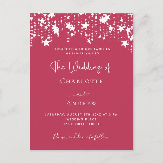 Magenta sterren elegant bruiloft uitnodiging briefkaart (Voorkant)