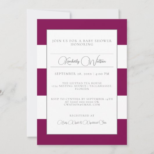 Magenta Striped Baby shower Invitation Kaart (Voorkant)