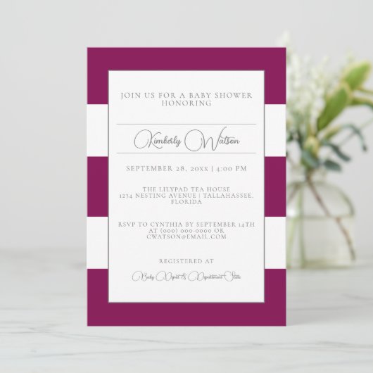Magenta Striped Baby shower Invitation Kaart (Staand voorkant)