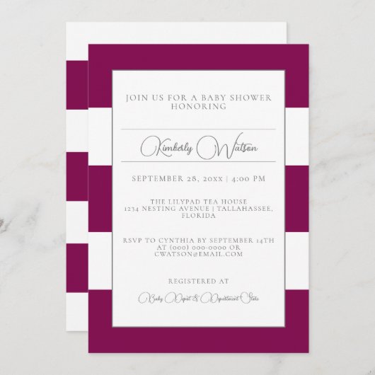 Magenta Striped Baby shower Invitation Kaart (Voorkant / Achterkant)