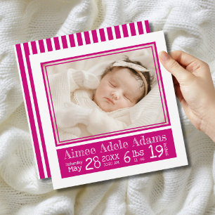 Magenta Stripes Baby Foto Geboortestatistieken Aankondiging
