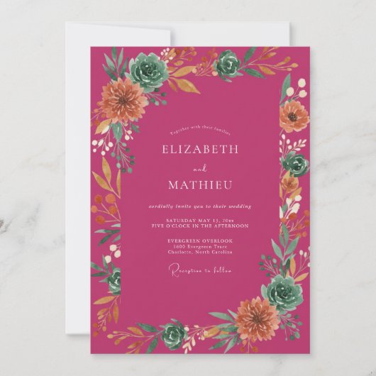 Magenta Succulente Eucalyptus Bruiloft Kaart (Voorkant)