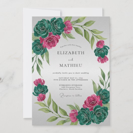 Magenta Teal Ranunculus Eucalyptus Bruiloft Kaart (Voorkant)