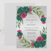 Magenta Teal Ranunculus Eucalyptus Bruiloft Kaart (Voorkant / Achterkant)