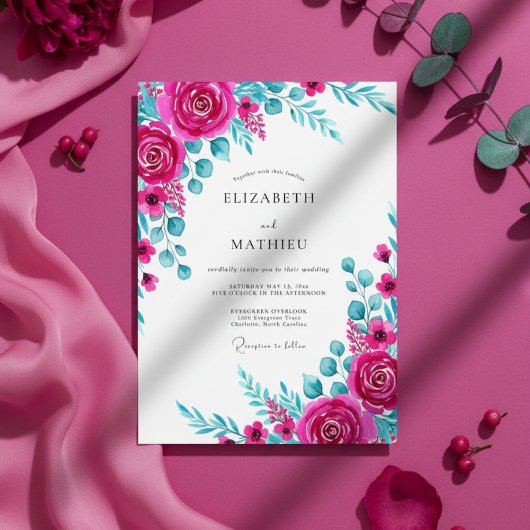 Magenta Teal Watercolor Bloemige Bruiloft Kaart