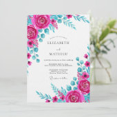 Magenta Teal Watercolor Bloemige Bruiloft Kaart (Staand voorkant)