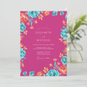 Magenta Teal Wilde Bloem Bruiloft Kaart (Staand voorkant)