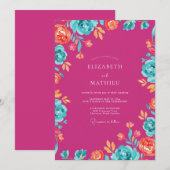 Magenta Teal Wilde Bloem Bruiloft Kaart (Voorkant / Achterkant)