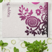 Magenta Thanksgiving Turkije Bloemen Keuken Handdo Theedoek (Gevouwen)