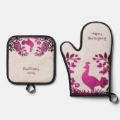 Magenta Thanksgiving Turkije Bloemen Ovenwant & Pannenlap Set (Voorkant)