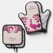 Magenta Thanksgiving Turkije Bloemen Ovenwant & Pannenlap Set (Voorkant / Achterkant)