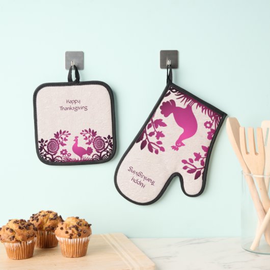 Magenta Thanksgiving Turkije Bloemen Ovenwant & Pannenlap Set (Insitu(Ophanging))