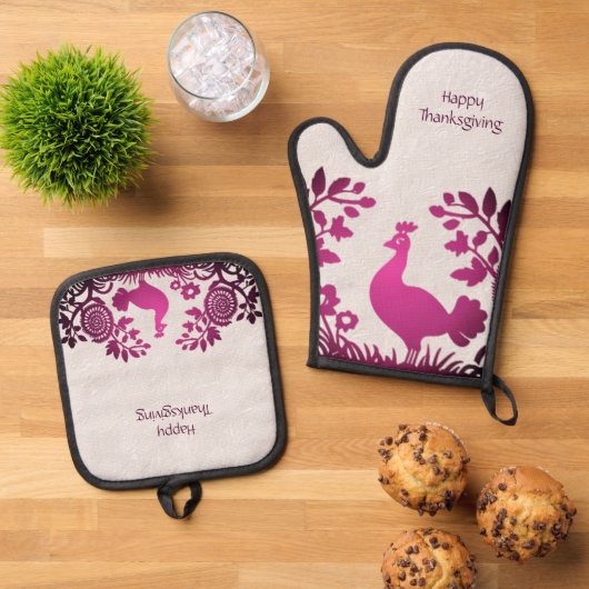 Magenta Thanksgiving Turkije Bloemen Ovenwant & Pannenlap Set (Top down)