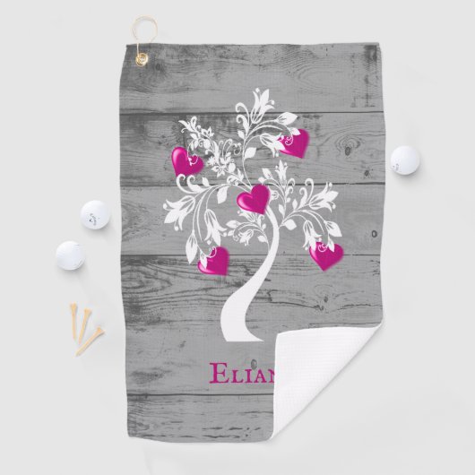Magenta Tree of Hearts Personalized Golf Towel Golfhanddoek (Insitu)