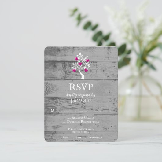 Magenta Tree of Hearts Wedding RSVP Kaart (Staand voorkant)