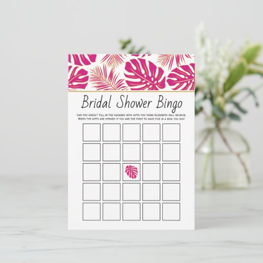 Magenta tropische bladeren bridal bingo spelkaart informatiekaartje (Staand voorkant)