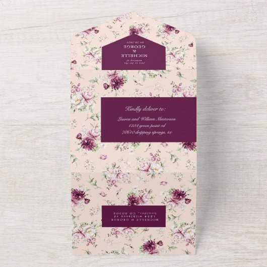 magenta tuinbloem (ENV niet nodig) All In One Uitnodiging (Buitenkant)