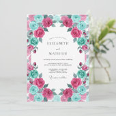 Magenta Turquoise Bloem Bruiloft Kaart (Staand voorkant)