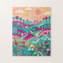 Magenta Turquoise Heuvel Weide Puzzel