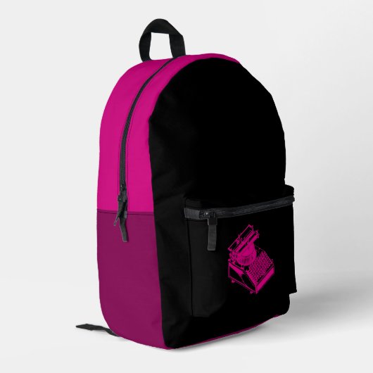 Magenta Type Schrijfmachine Magenta Bedrukte Rugzak (Achterkant Hoek Links)