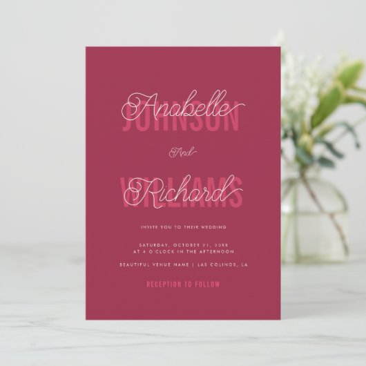 Magenta Typography Whimsical Script Photo Wedding Kaart (Staand voorkant)