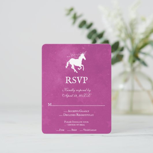 Magenta Unicorn Wedding RSVP Kaart (Staand voorkant)