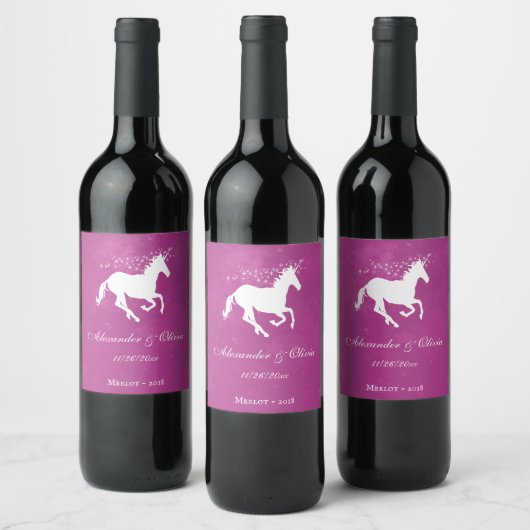 Magenta Unicorn Wedding Wine Label Wijn Etiket (Flessen)
