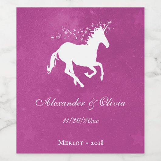 Magenta Unicorn Wedding Wine Label Wijn Etiket (Enkel label)