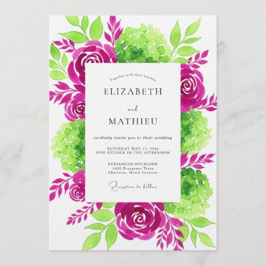 Magenta Verdant Bloom Wedding Kaart (Voorkant)