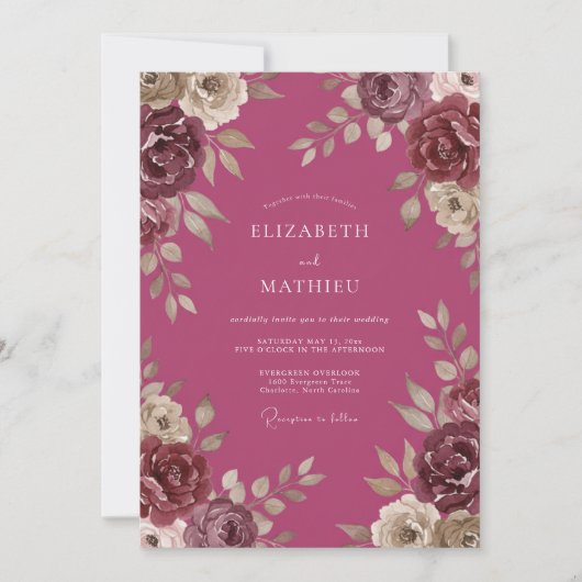 Magenta Vintage Bloem Eucalyptus Bruiloft Kaart (Voorkant)