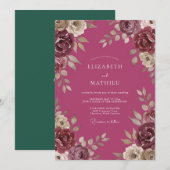 Magenta Vintage Bloem Eucalyptus Bruiloft Kaart (Voorkant / Achterkant)
