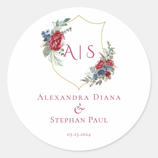 Magenta Vintage Botanische Bloemenkroon Monogram Ronde Sticker (Voorkant)